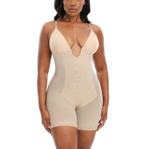 Deep U Plunge Mid-Thigh Shapewear Bodysuit with Low Back & Tummy Control - Nude